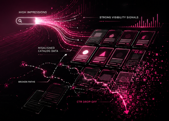 Futuristic pink neon data visualization with a grid of screens and flowing light trails, labeled High Impressions and Strong Visibility Signals.