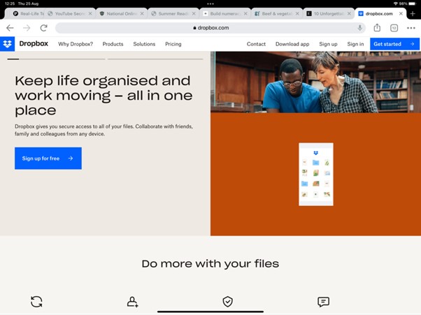 Tablet view of Dropbox
