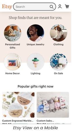 Mobile view of Etsy Website