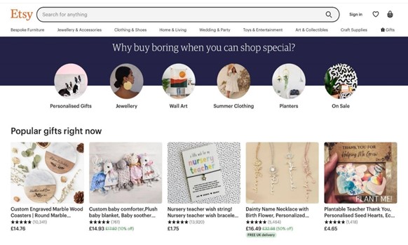 Tablet view of Etsy Website