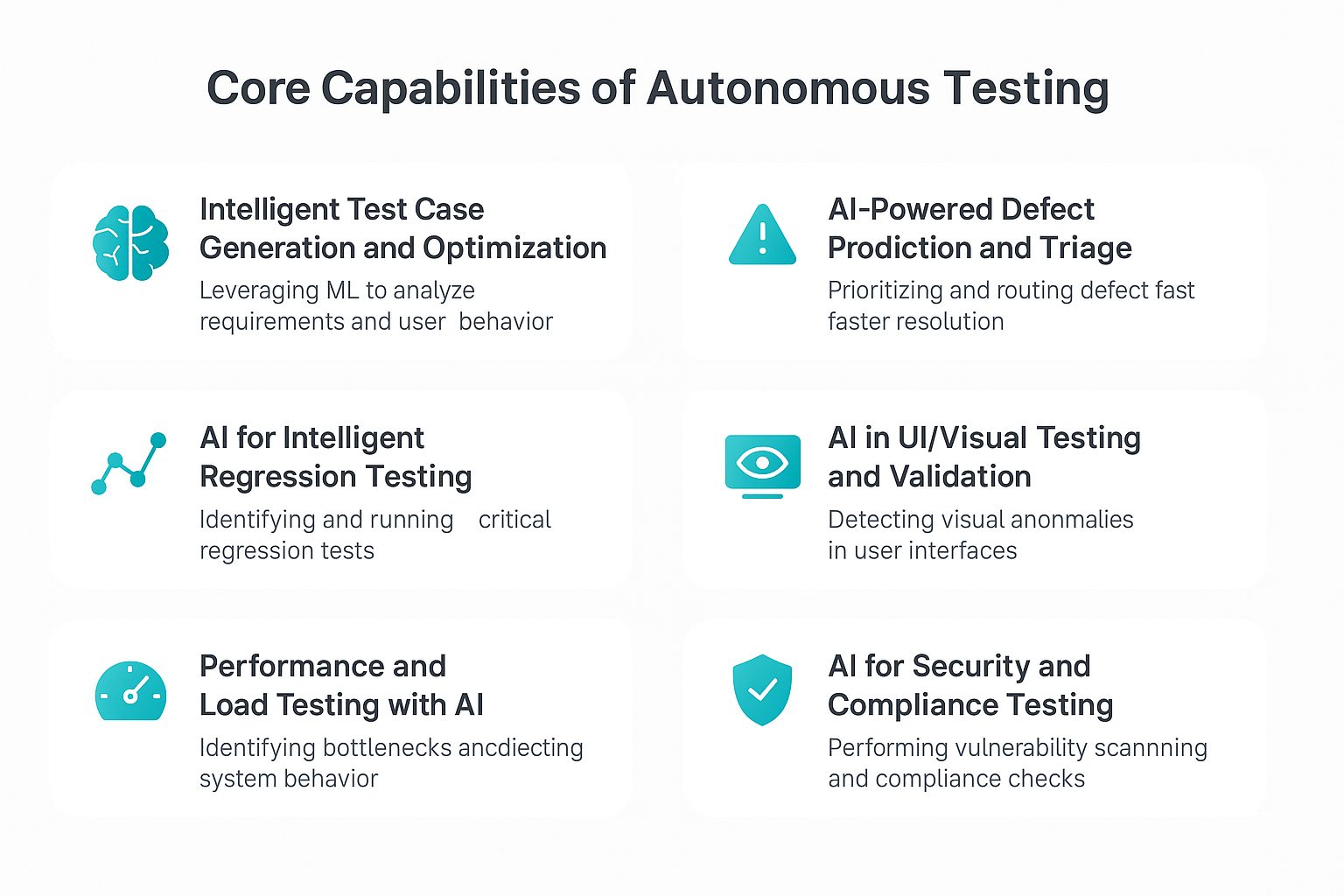 Infographic listing six core capabilities of autonomous AI-driven testing: Intelligent Test Case Generation and Optimization, AI-Powered Defect Prediction and Triage, AI for Intelligent Regression Testing, AI in UI/Visual Testing and Validation, Performance and Load Testing with AI, and AI for Security and Compliance Testing. Each item includes an icon and brief description