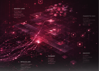 Abstract pink data network with glowing nodes, grids, and scattered keywords (taxonomy, metadata, discovery) representing information systems.